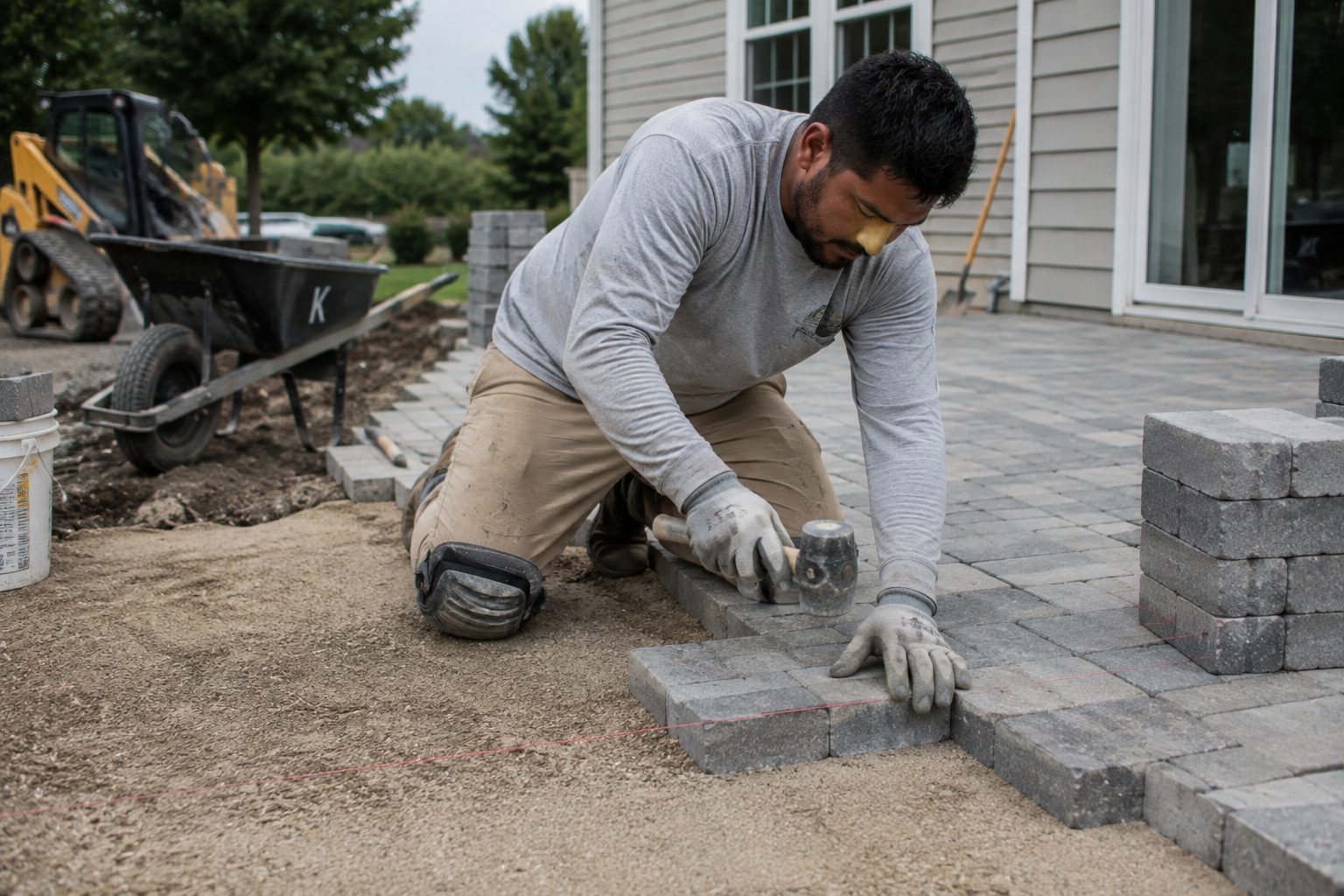 Hardscaper setting pavers on a new backyard patio with a rubber mallet