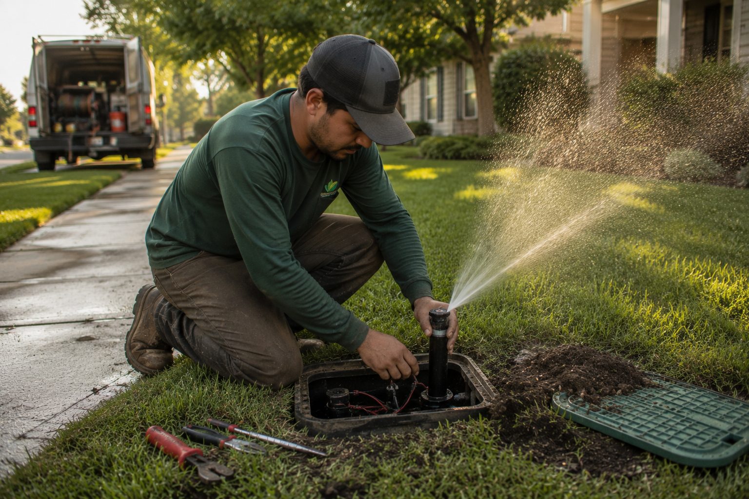 Irrigation technician servicing a sprinkler head on a green suburban lawn