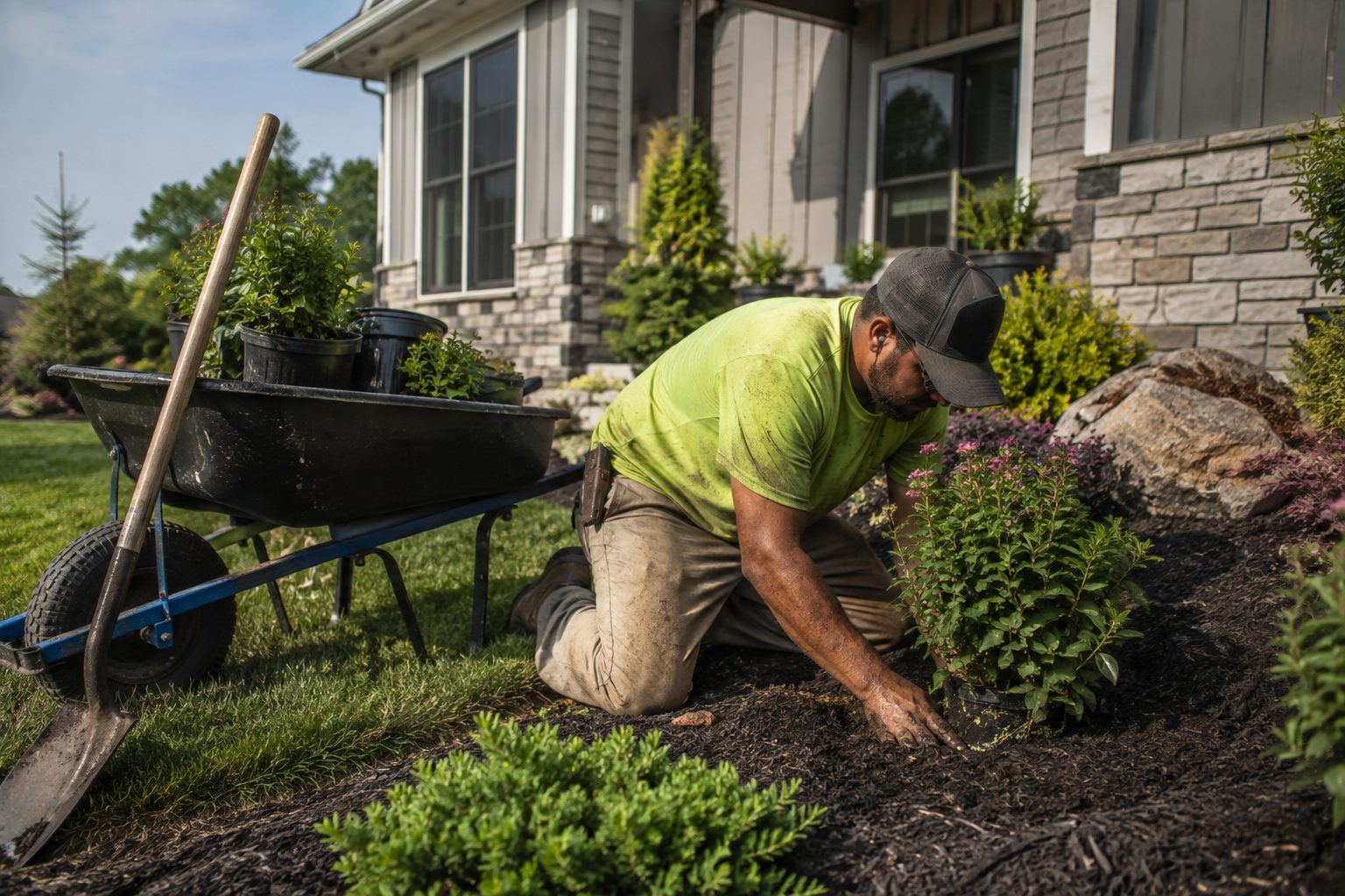 Landscaper planting shrubs in a fresh mulch bed outside a suburban home