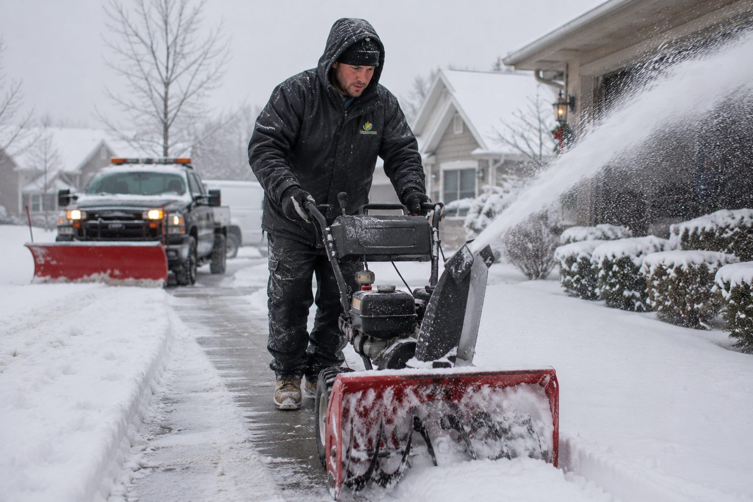 Snow removal crew member clearing a driveway with a snow blower, plow truck behind