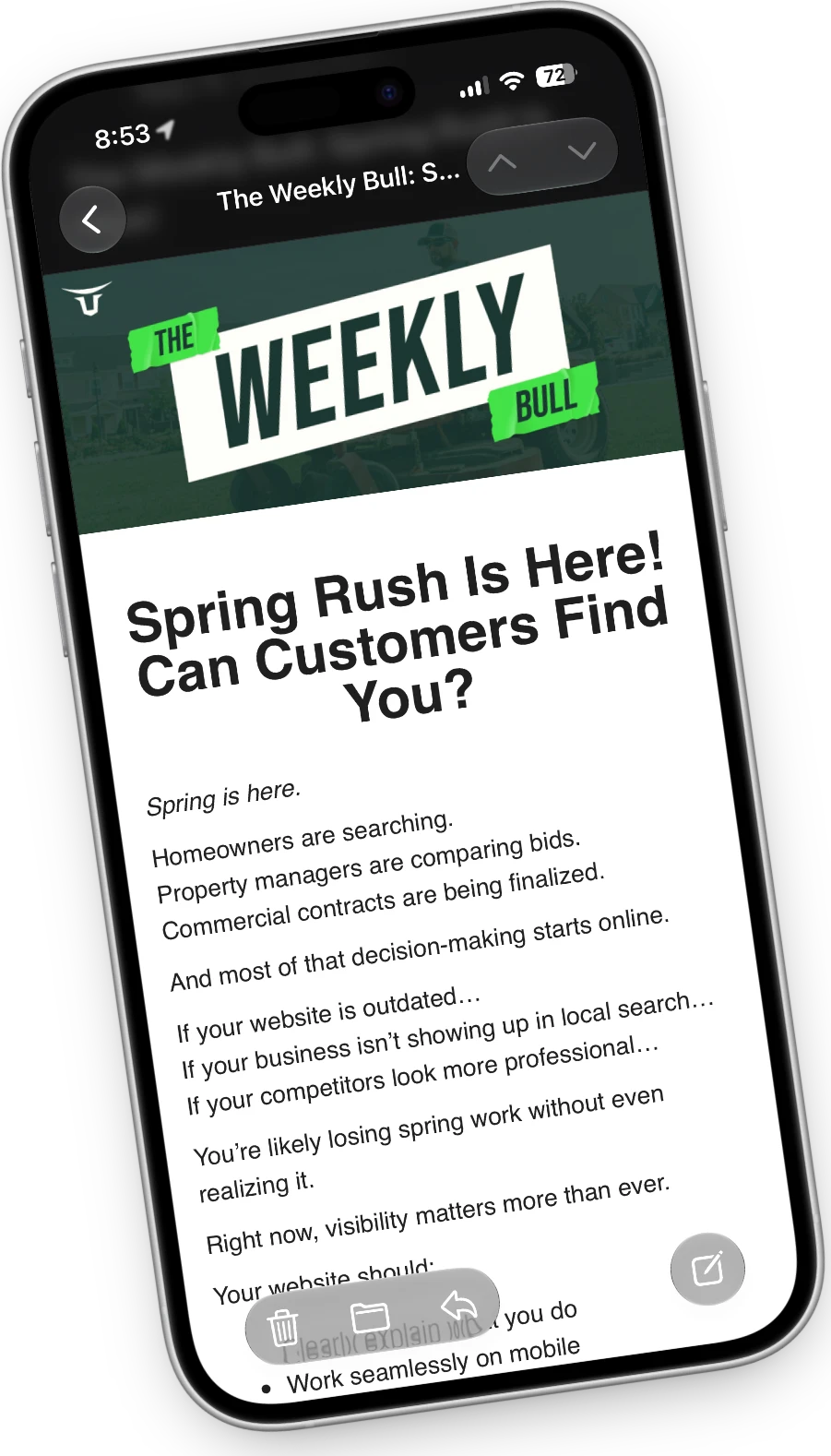 The Weekly Bull newsletter open on a phone